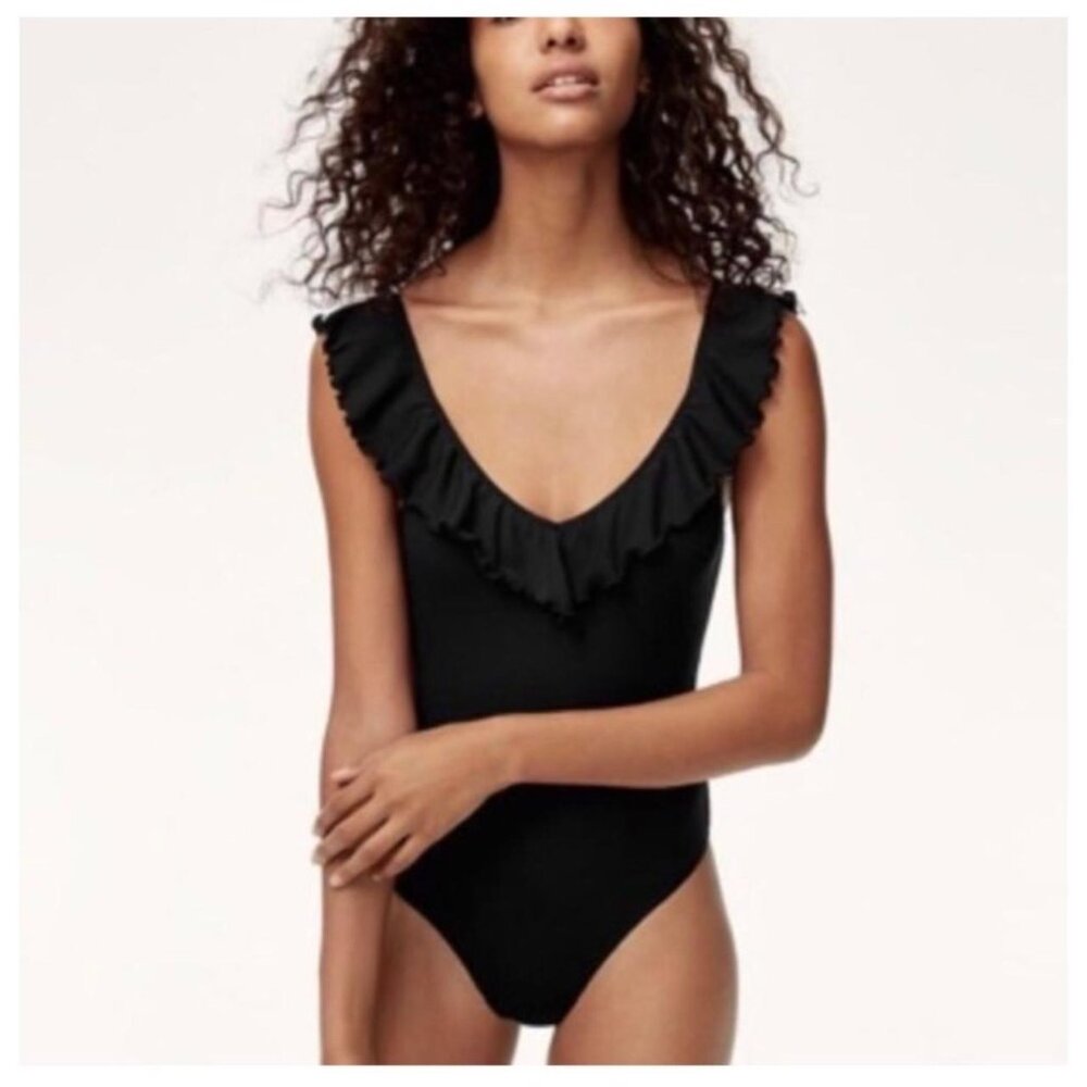 Aritzia Black Ruffle V-Neck Bodysuit
